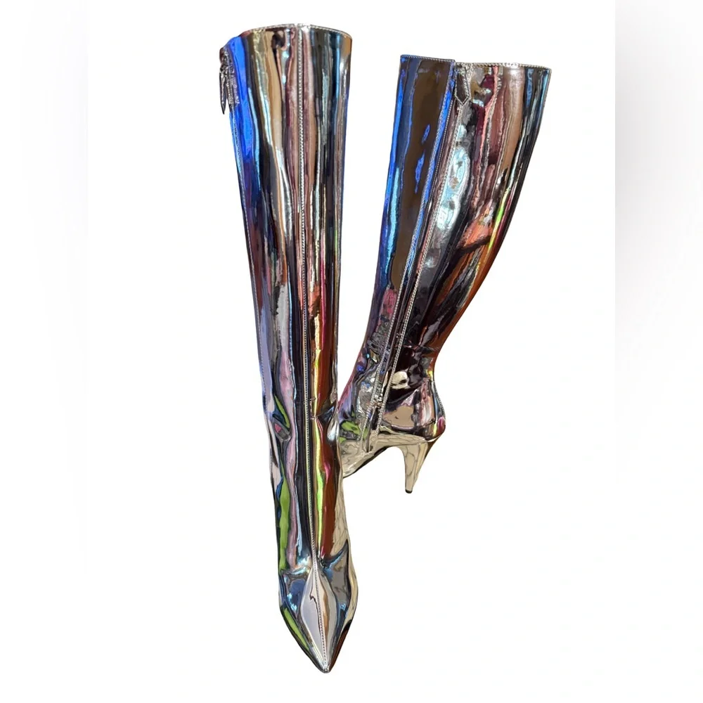 Moschino NWT Sz 38 Vero Cucio Silver Metallic Knee-High Stiletto Boots (SH292) - Picture 9 of 15